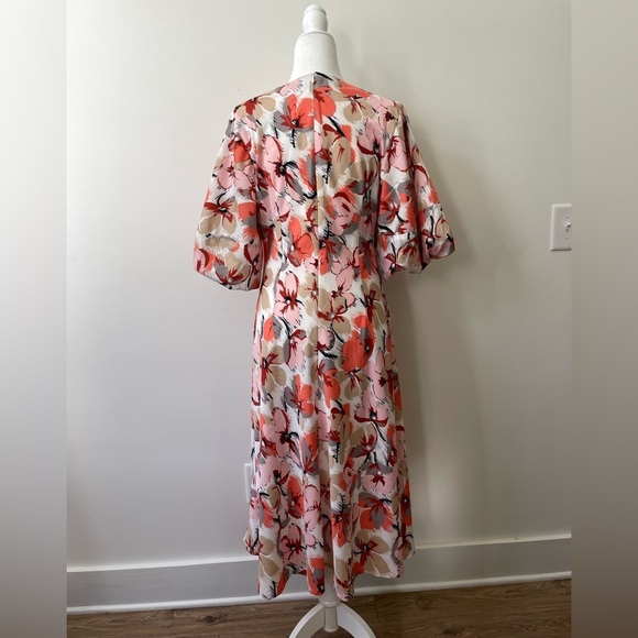 CAARA Asti Midi Dress Size M Pink Coral Red Floral V-neck Puff Sleeve Spring - Picture 5 of 9